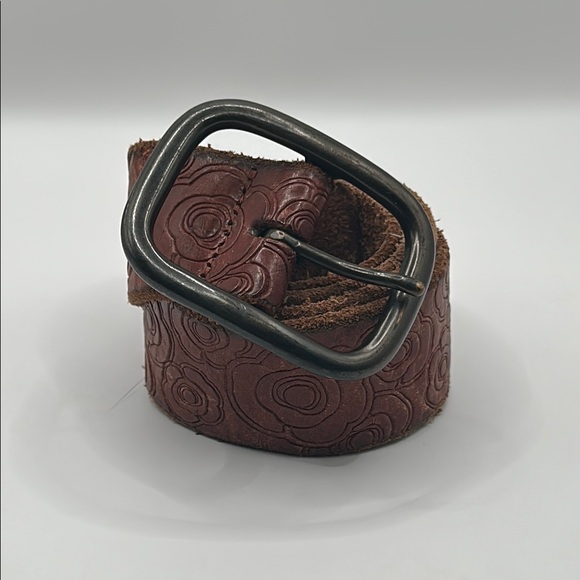 Accessories - Brown Leather Belt with Embossed Flower Pattern